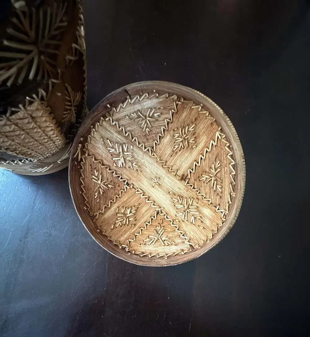 Vintage Decorative Asian Woven Bamboo Rice Basket with Lid and Handle